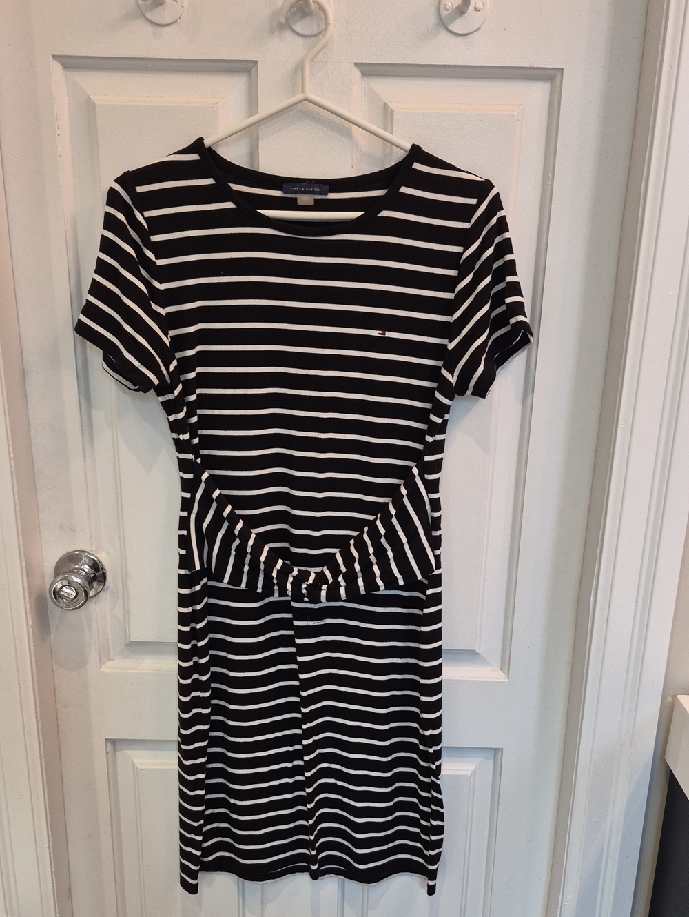 Tommy Hilfiger Black and White Striped Knot-Front Midi Dress